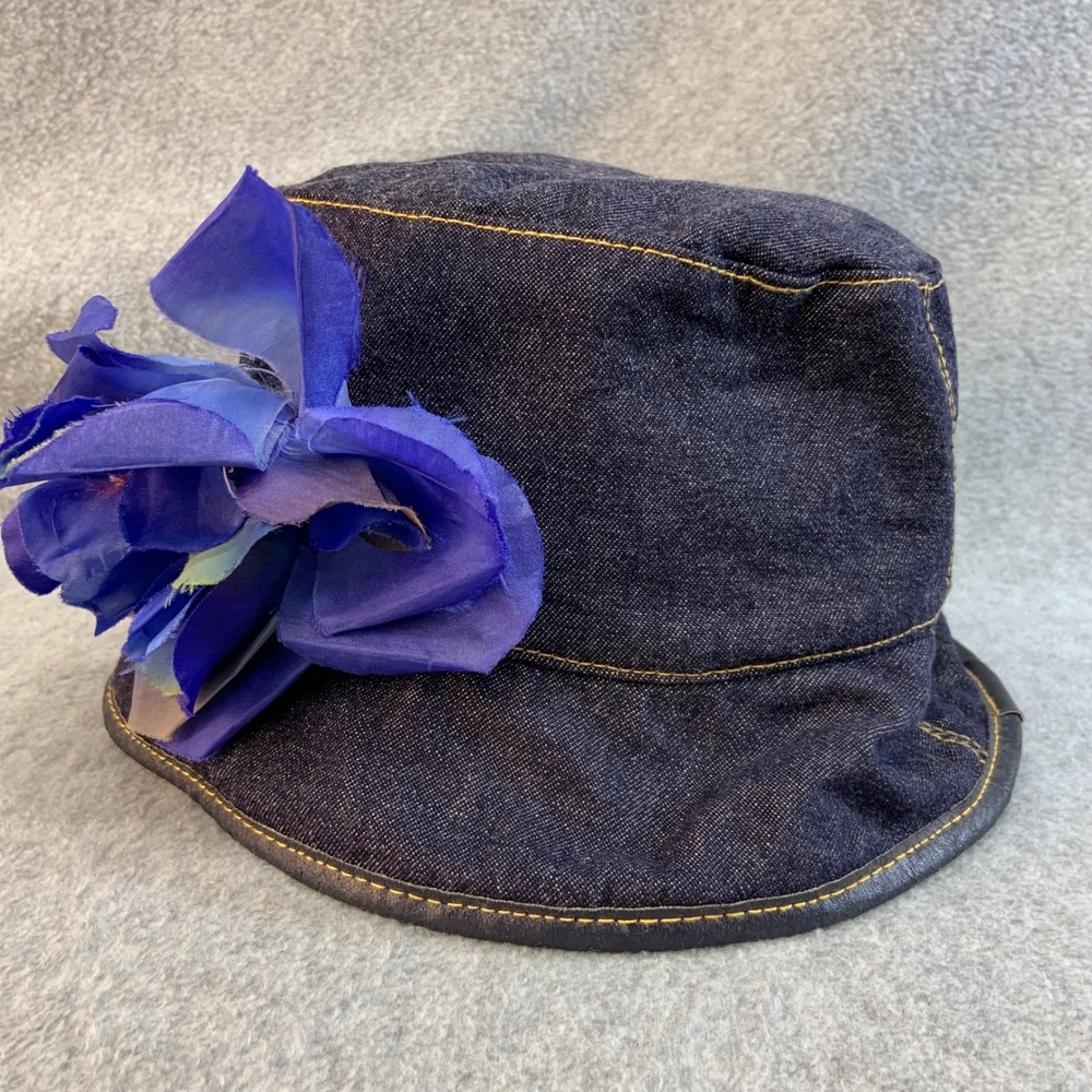 Blue Flower Womens Dark Wash Unbranded Denim Bucket Hat Floral Lining OSFA